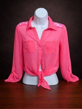 lei Coral Pink Sheer Tie-Front Button Down Shirt